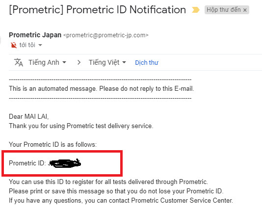 Email thông tin Prometric ID